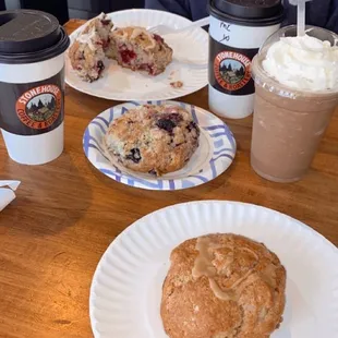 Carmel apple, white chocolate blueberry, and white chocolate mixed berry scone. Blended Mayan mocha! All very good!