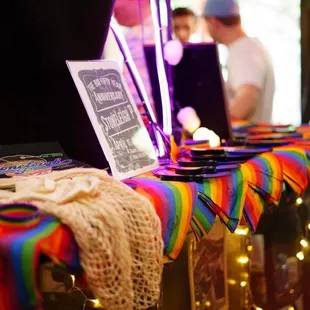a table with a colorful table cloth