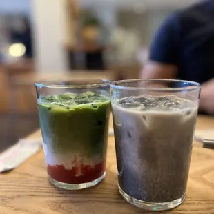 Iced Black Sesame Latte and Iced Strawberry Latte