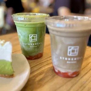 Cold Strawberry Latte w/ Matcha, Cold Strawberry Latte w/ Hojicha