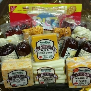 Gourmet food items for a gift basket.