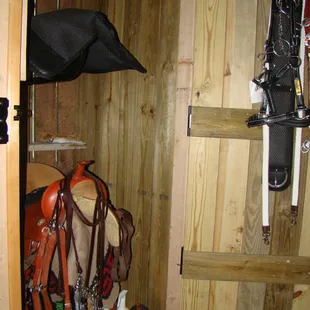 Very nice &amp; large tack lockers, holds two saddle, plenty hooks, lights, locks, lots of floor space for grain, grooming etc.