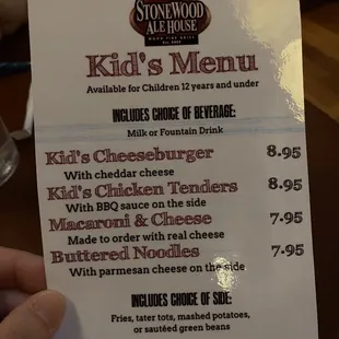 Kids&apos; menu Jan 2024