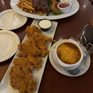 Chili, chicken tenders, and a shrimp/ribs combo!