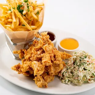 a plate of food with fries and coleslaw