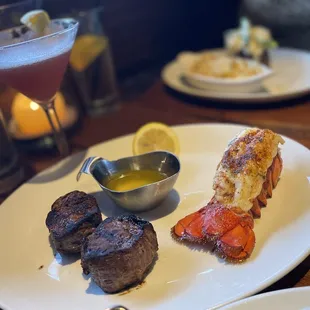 Filet medallions and lobster tail. The lobster tail was . It was broiled &amp; buttery!