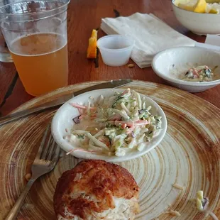 Partially eaten but nonetheless delicious crab cake and coleslaw and a Blue Moon!
