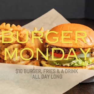 a burger with fries and a drink