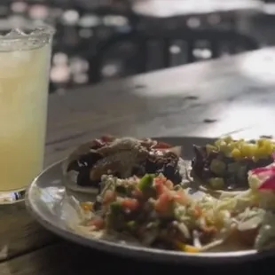 a plate of food and a drink