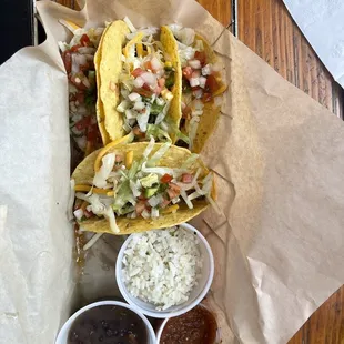 Beef tacos, rice, beans, salsa