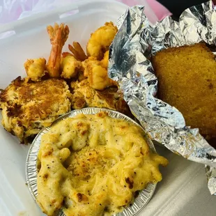 Five piece shrimp n crab cakes w/ Mac &amp; cheese ( cornbread) @ 19.65. 06/21