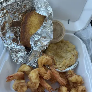 Shrimp lunch with 2 sides - corn bread n Mac n Cheese