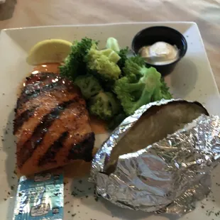 Glazed Salmon with baked potato and broccoli