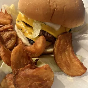 Burger and sidewinder fries