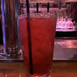 a drink in a tall glass