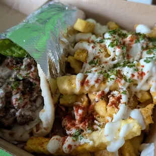 Beef sandwich with Greek fries.