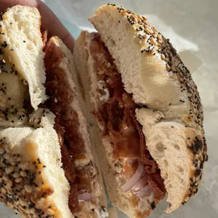 "Breakfast Bagel" on an everything bagel toasted
