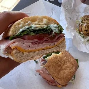 a person holding a half eaten sandwich