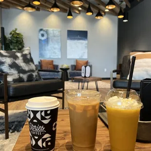 Chai latte, cold brew and mango smoothie