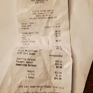 Gift card receipt after crediting my credit card, being doubled charged.