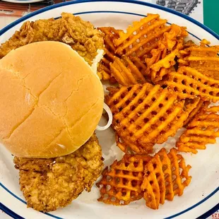 Breaded tenderloin and sweet potato fries.
