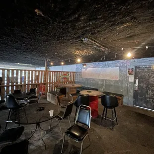 tables and chairs in a dark room