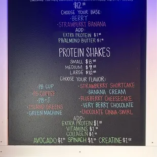Smoothie bowls and protein shake menu