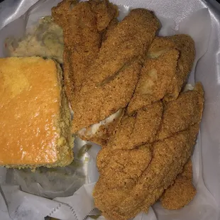 2 piece fried catfish cabbage broccoli and cheese rice casserole with the sweet cornbread