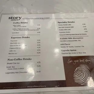 the menu and prices