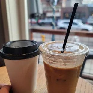 Iced salted caramel latte and hot ginger snap latte