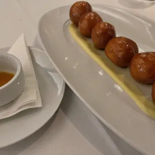Doughnuts (they were delicious- so light!! The passion fruit and lemony sauce complimented the sweet of the donuts perfectly!