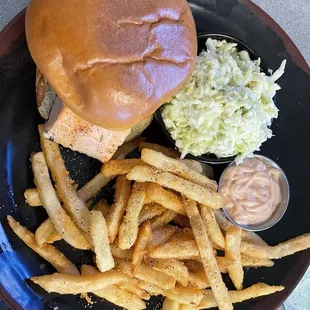 Salmon Sandwich with Cajun fries