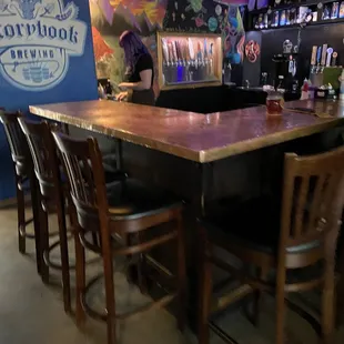 a bar with stools and tables