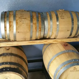Kegs aging in the back