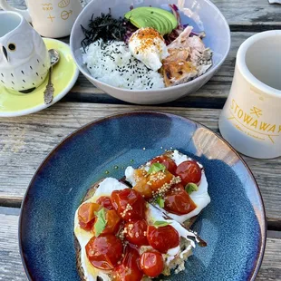 Seasonal special: confit tomato ricotta toast &amp; Japanese asa-gohan