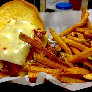 a cheeseburger and fries