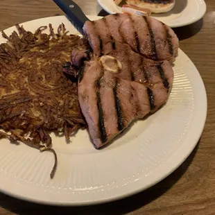 1/2 ham steak with extra well done hashed brown potatoes.