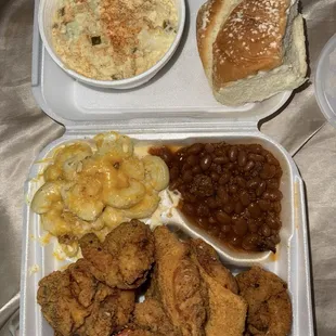 Shrimp, Chicken Wings, Mac &amp; Cheese, Baked Beans &amp; Potato Salad with a bun!