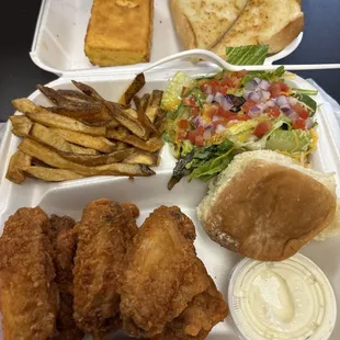 6 piece buffalo wings with salad &amp; fries, cornbread &amp; toast