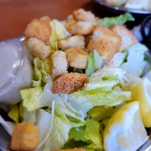 a salad with croutons
