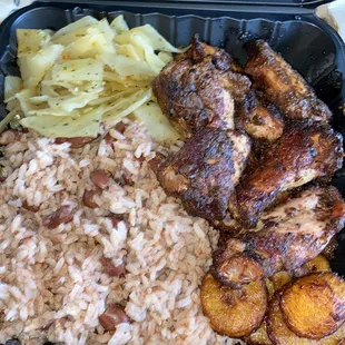 Jerk Wings Chicken Beans &amp; Rice and Pea Cabbage &amp; Fried Plantains