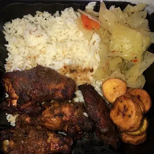 Jerk Wings, White Rice, Cabbage &amp; Fried Plantains