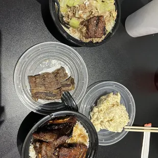 three bowls of food on a table