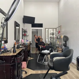 Inside our small quaint shop.  You will love your professional hairstyle with experienced stylists