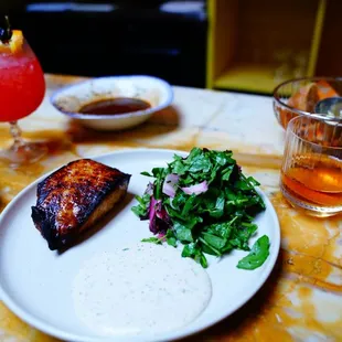 Blackened swordfish belly. Life changingly fatty and meaty and delicious. Sauce and salad provide valuable acid.