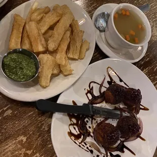 Yuca fries, fried goat cheese balls, soup
