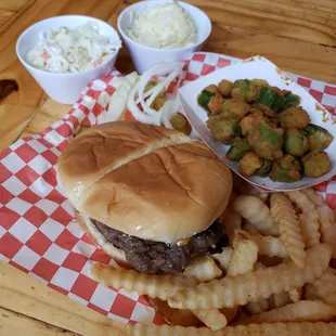 Potato salad, okra, bacon burger, slaw!