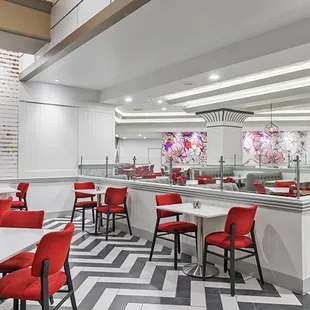 red chairs and white tables