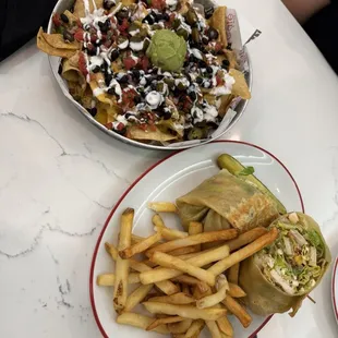 CHICKEN NACHOS and  SOUTHWEST CHOPPED SALAD wrap w fries!