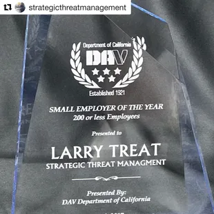 STM "Small Employer Of The Year" awarded by Department of California Disabled American Veterans (DAV)